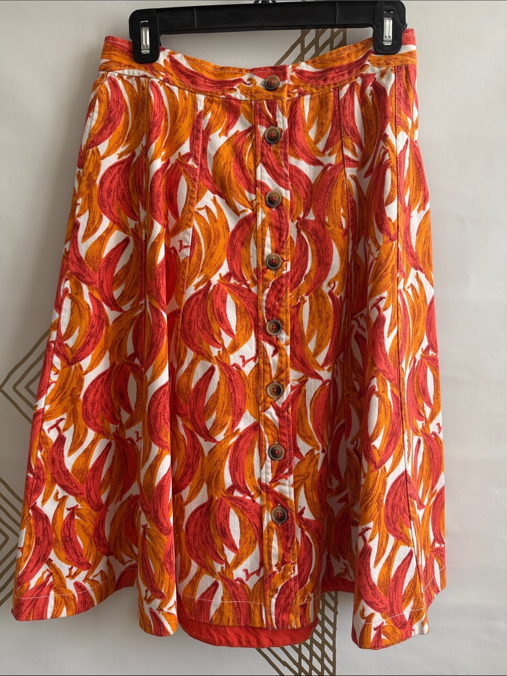 Anthropologie Button-Front Midi Skirt in Orange, Red and White